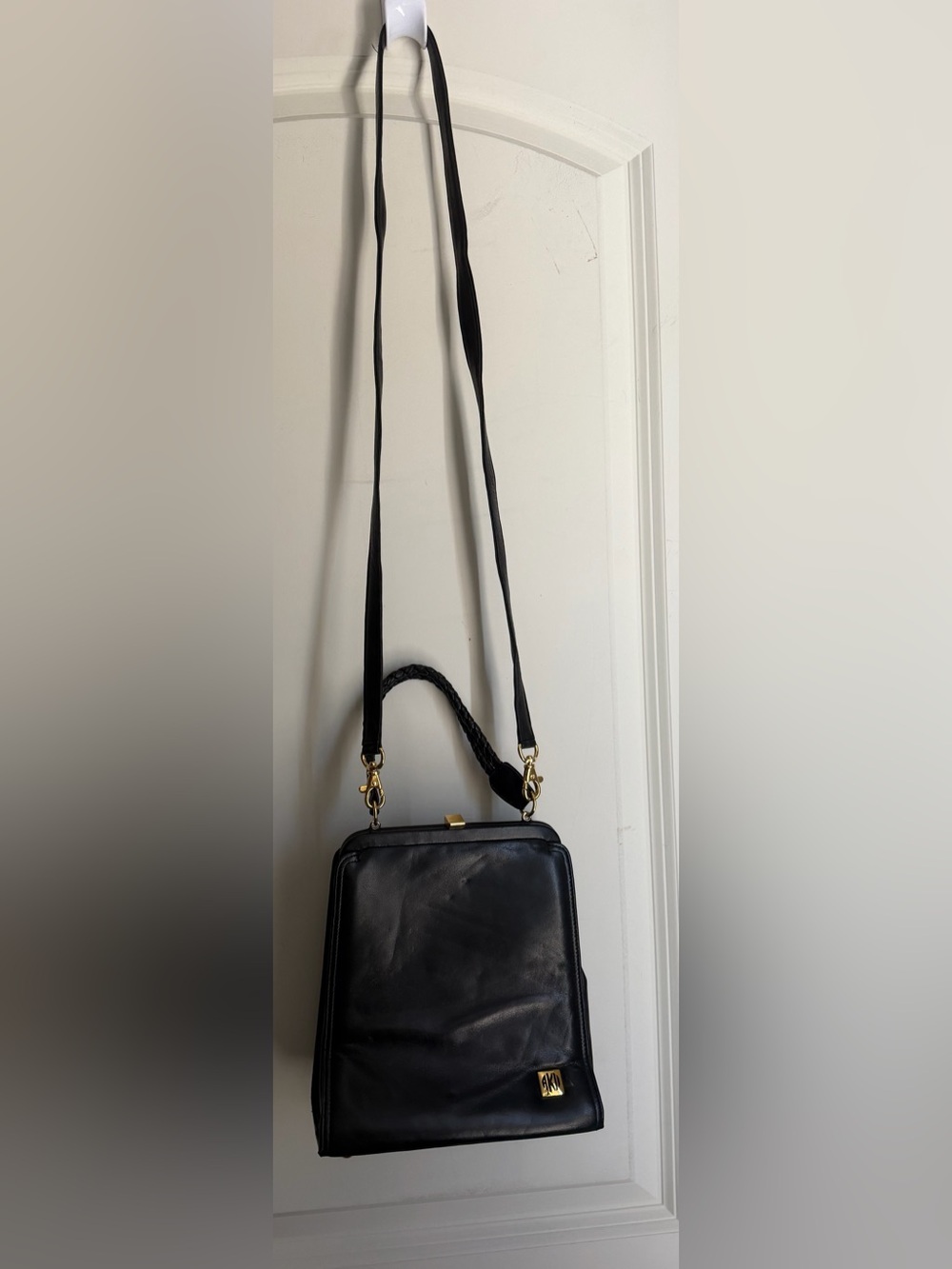 Vintage anne Klein II black Leather frame satchel Crossbody bag Gold Hardware90s